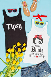 So cute! Snow Bride and the Seven Bridesmaids glittery bachelorette party tank tops! Everyone can have a shirt that matches their personality!