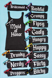 So cute! Snow Bride and the Seven Bridesmaids glittery bachelorette party tank tops! Everyone can have a shirt that matches their personality!