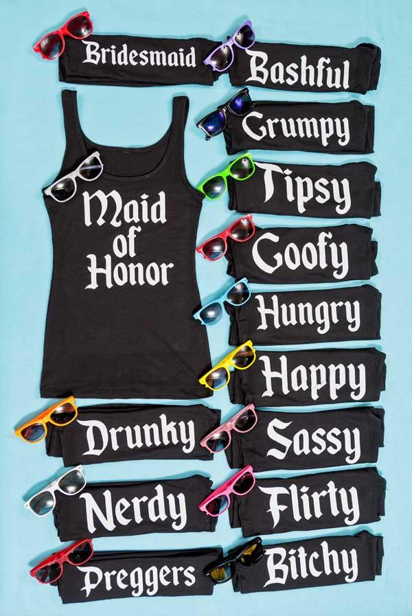 So cute! Snow Bride and the Seven Bridesmaids glittery bachelorette party tank tops! Everyone can have a shirt that matches their personality!