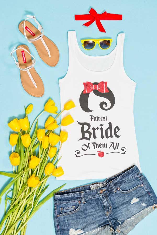 So cute! The Fairest Bride of all! Snow Bride and the Seven Bridesmaids glittery bachelorette party tank tops! Everyone can have a shirt that matches their personality!