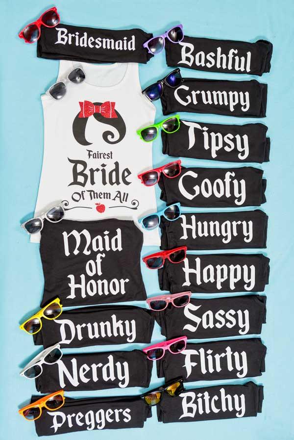 So cute! The Fairest Bride of all! Snow Bride and the Seven Bridesmaids glittery bachelorette party tank tops! Everyone can have a shirt that matches their personality!