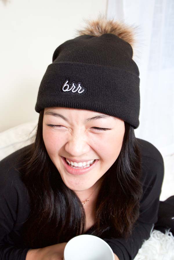 Winter bachelorette party pom-pom beanie reading brr by Bachette.com